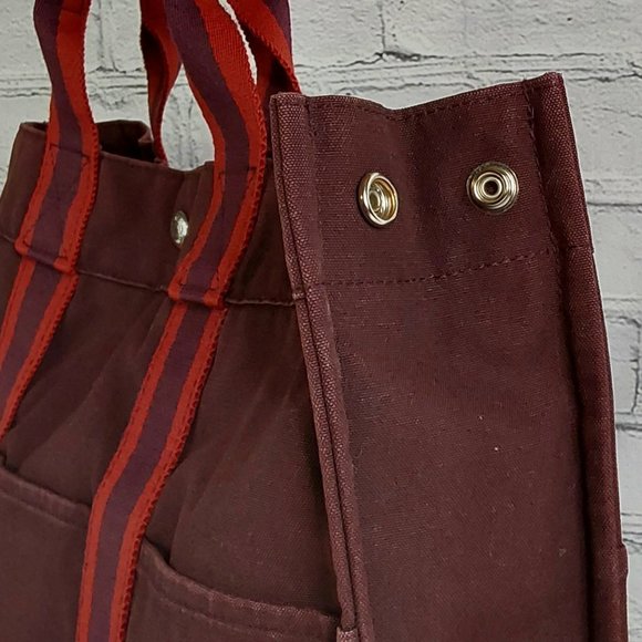 'HERMES-PARIS' 'FOOL TOE BASAS' LARGE PINSTRIPE DOUBLE STRAP CANVAS BAG - Picture 5 of 16